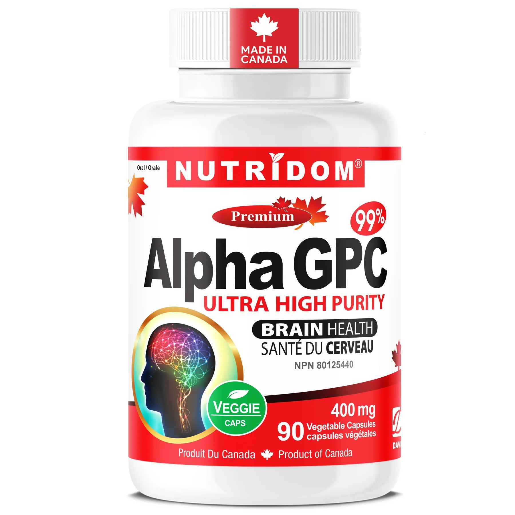 Nutridom - Alpha GPC 400mg | 99% Purity Choline | Vegan - 90 Capsules