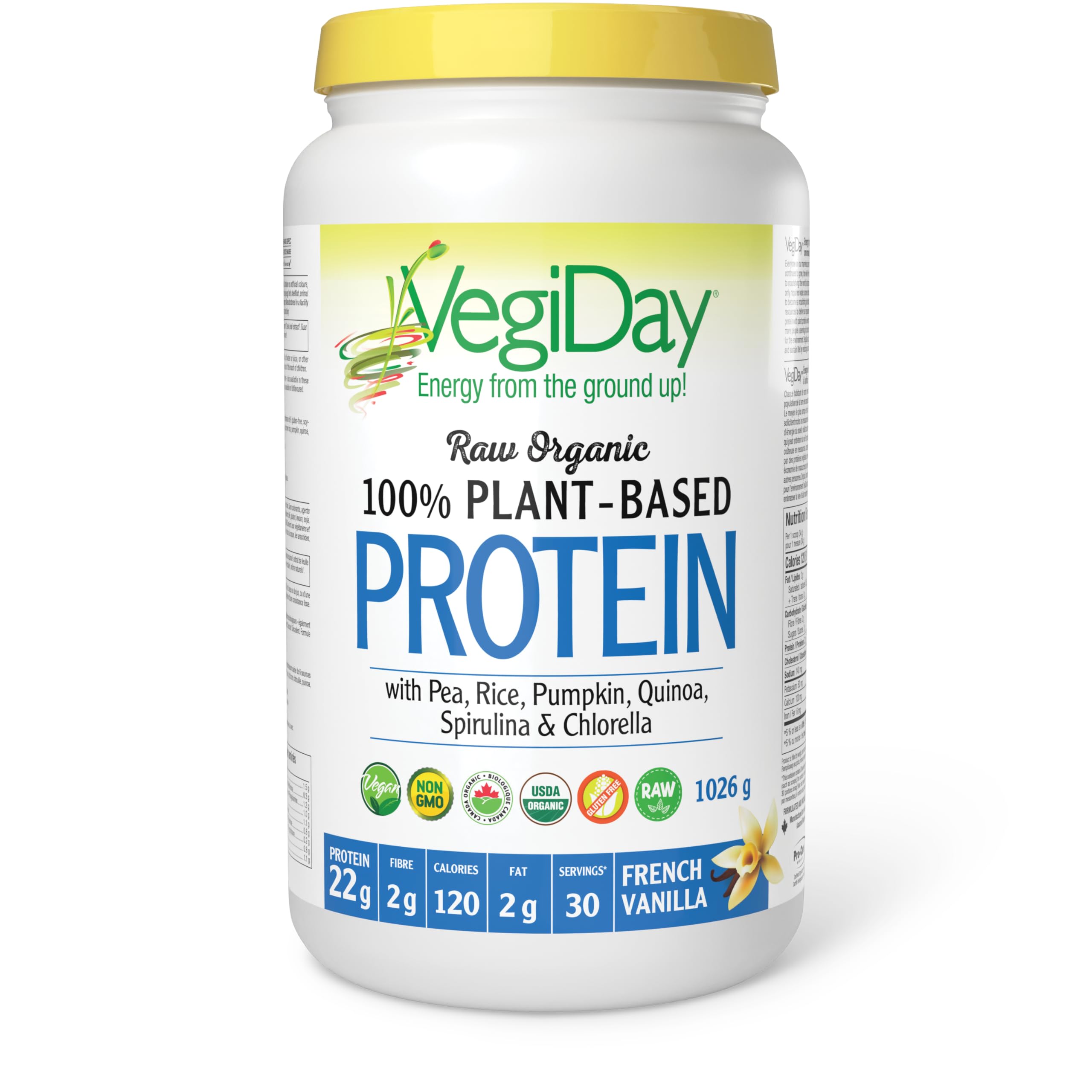 VegiDay Raw Organic Plant-Based Protein, French Vanilla 1026 g